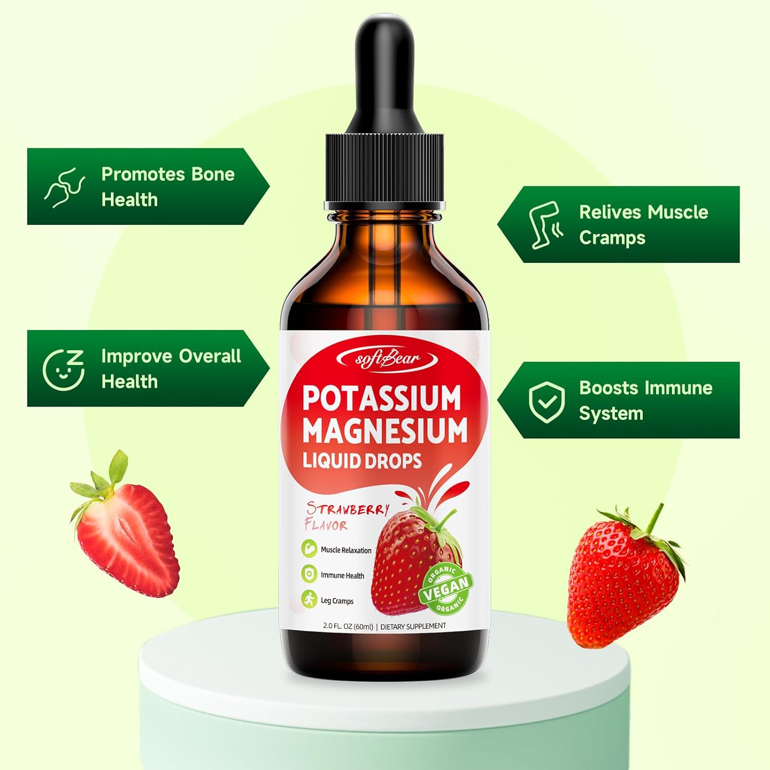 2 Pack High Absorption Calcium, Potassium, and Magnesium Liquid Drops for Bone & Muscle Health - Strawberry Flavor 4 Fl Oz