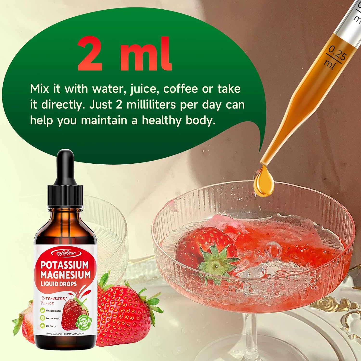 2 Pack High Absorption Calcium, Potassium, and Magnesium Liquid Drops for Bone & Muscle Health - Strawberry Flavor 4 Fl Oz