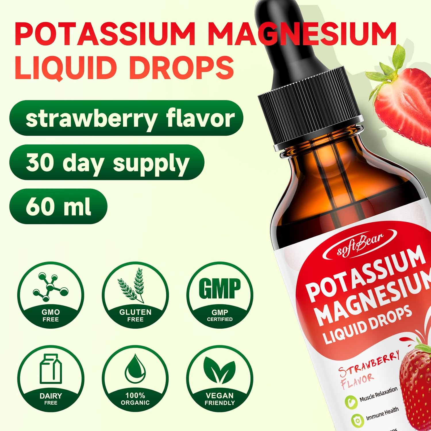 2 Pack High Absorption Calcium, Potassium, and Magnesium Liquid Drops for Bone & Muscle Health - Strawberry Flavor 4 Fl Oz