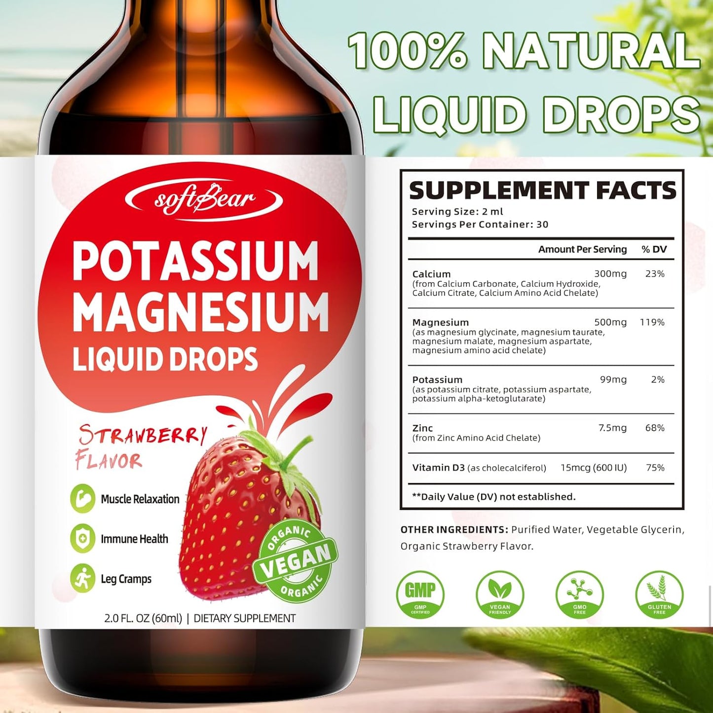 2 Pack High Absorption Calcium, Potassium, and Magnesium Liquid Drops for Bone & Muscle Health - Strawberry Flavor 4 Fl Oz