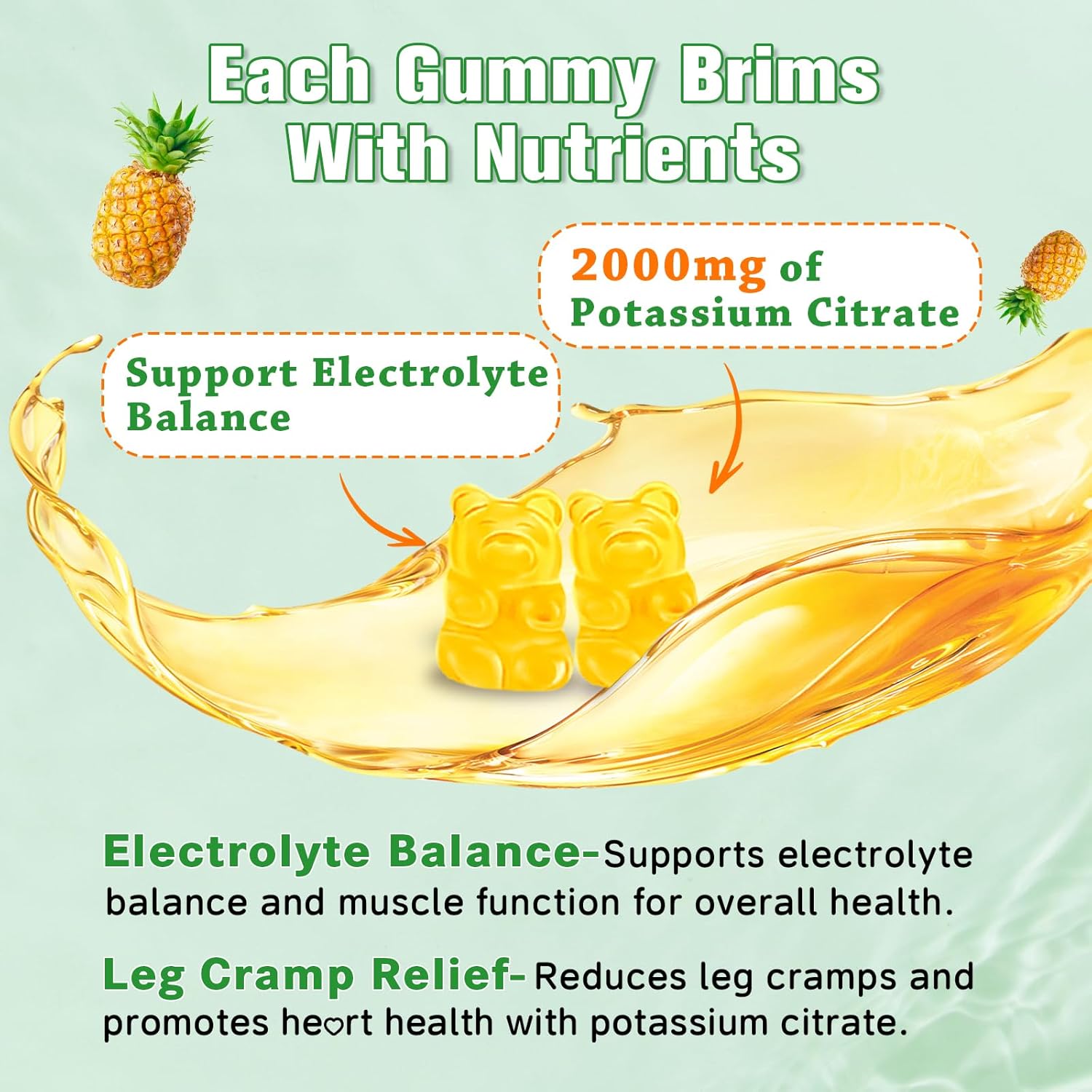 2 Pack High Potency Potassium Citrate Gummies for Muscle Health, Leg Cramp Relief - Vegan, Non-GMO, Gluten-Free - Pineapple Flavor - 120 Count