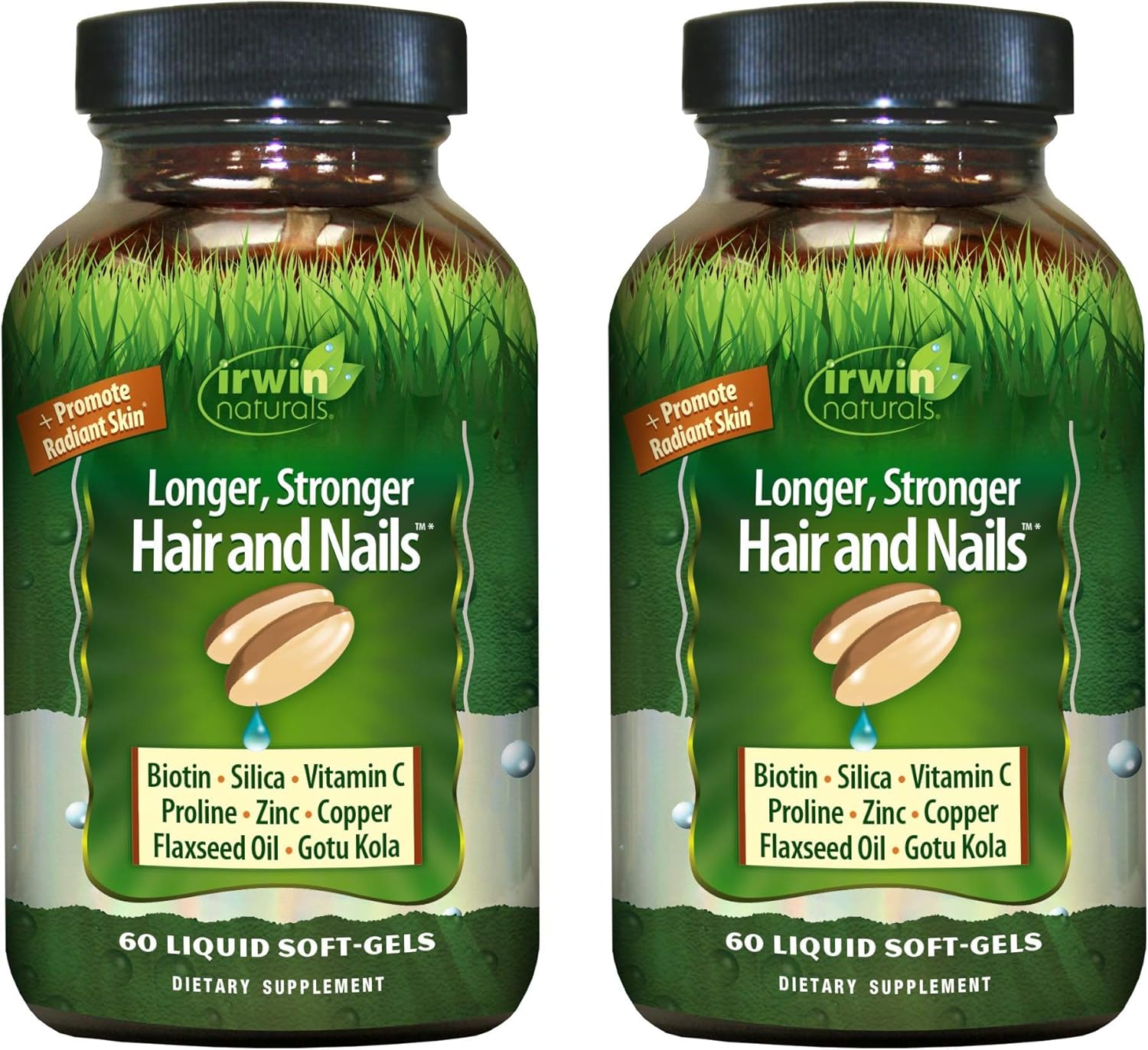 2-Pack Irwin Naturals Hair and Nails Liquid Softgels - Promotes Stronger Hair and Nails, Vibrant Shine - 60 Servings