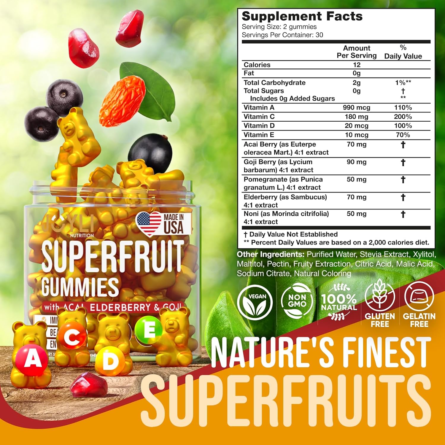 2 Pack JOYLI Nutrition Multivitamin Fruit Gummies with Vitamins A, C, D, & E - Superfruit Gummy for Adults & Kids - Goji & Elderberry - Immunity, Digestion, Energy - 60 Chewable Veggie Gummies