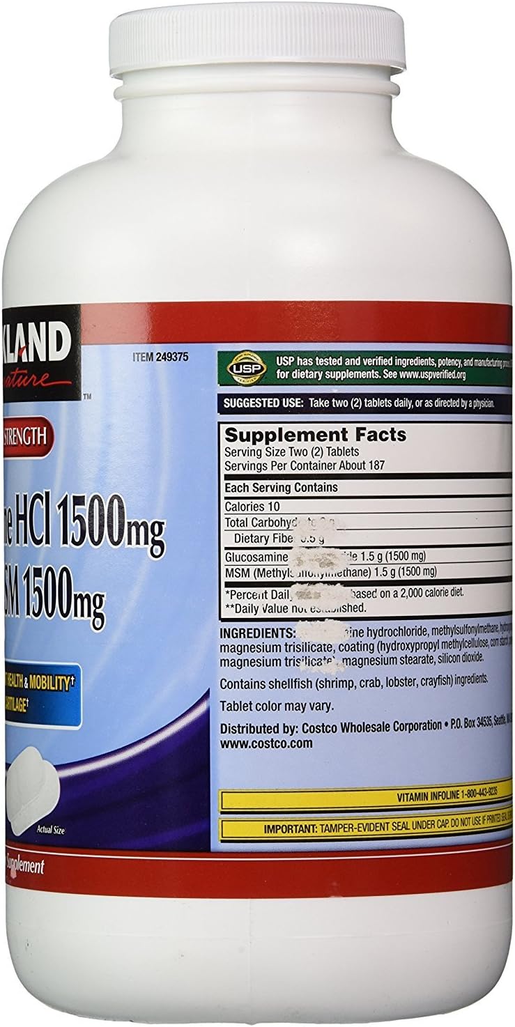 2 Pack Kirkland Signature Glucosamine with MSM, 375 Tablets - Joint Health Supplement