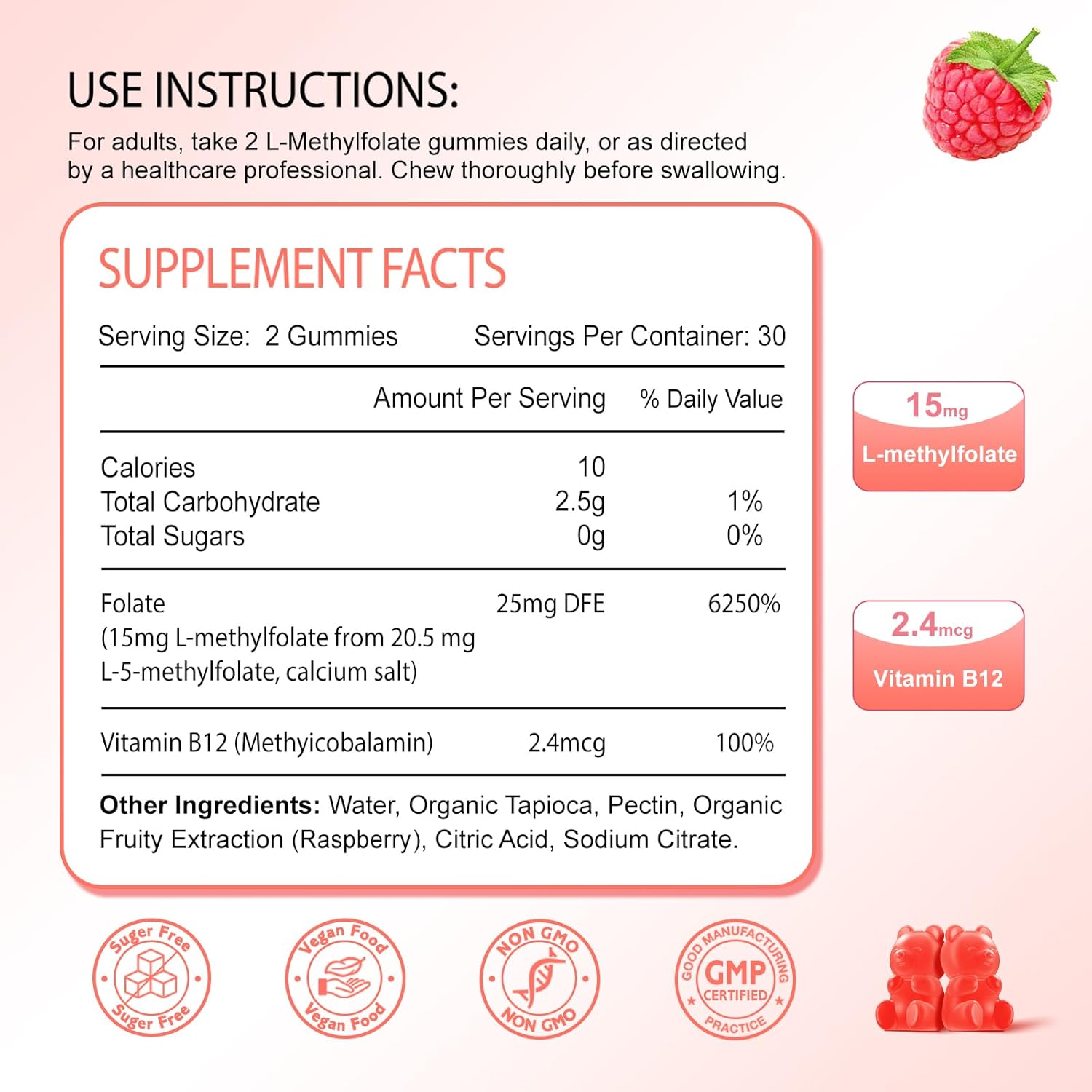 2 Pack L-Methylfolate 15mg Gummies with Methylated B12 for MTHFR Mutation Support