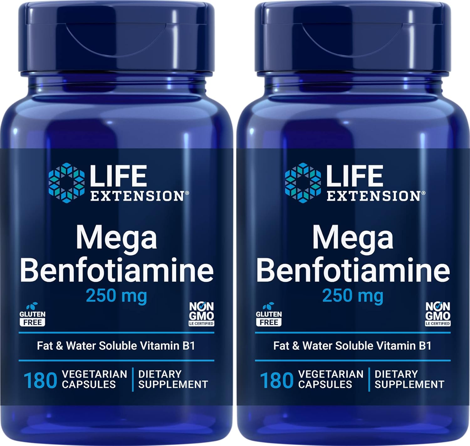 2 Pack Life Extension Mega Benfotiamine 250 mg Capsules - Vegetarian B Vitamin Supplement with Thiamine for Extended Health