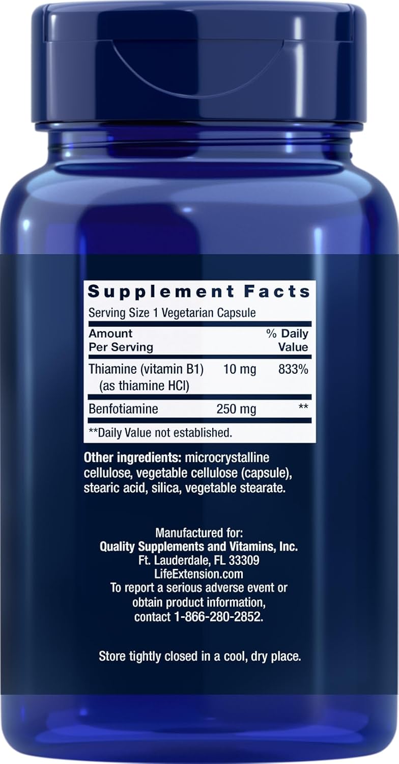 2 Pack Life Extension Mega Benfotiamine 250 mg Capsules - Vegetarian B Vitamin Supplement with Thiamine for Extended Health