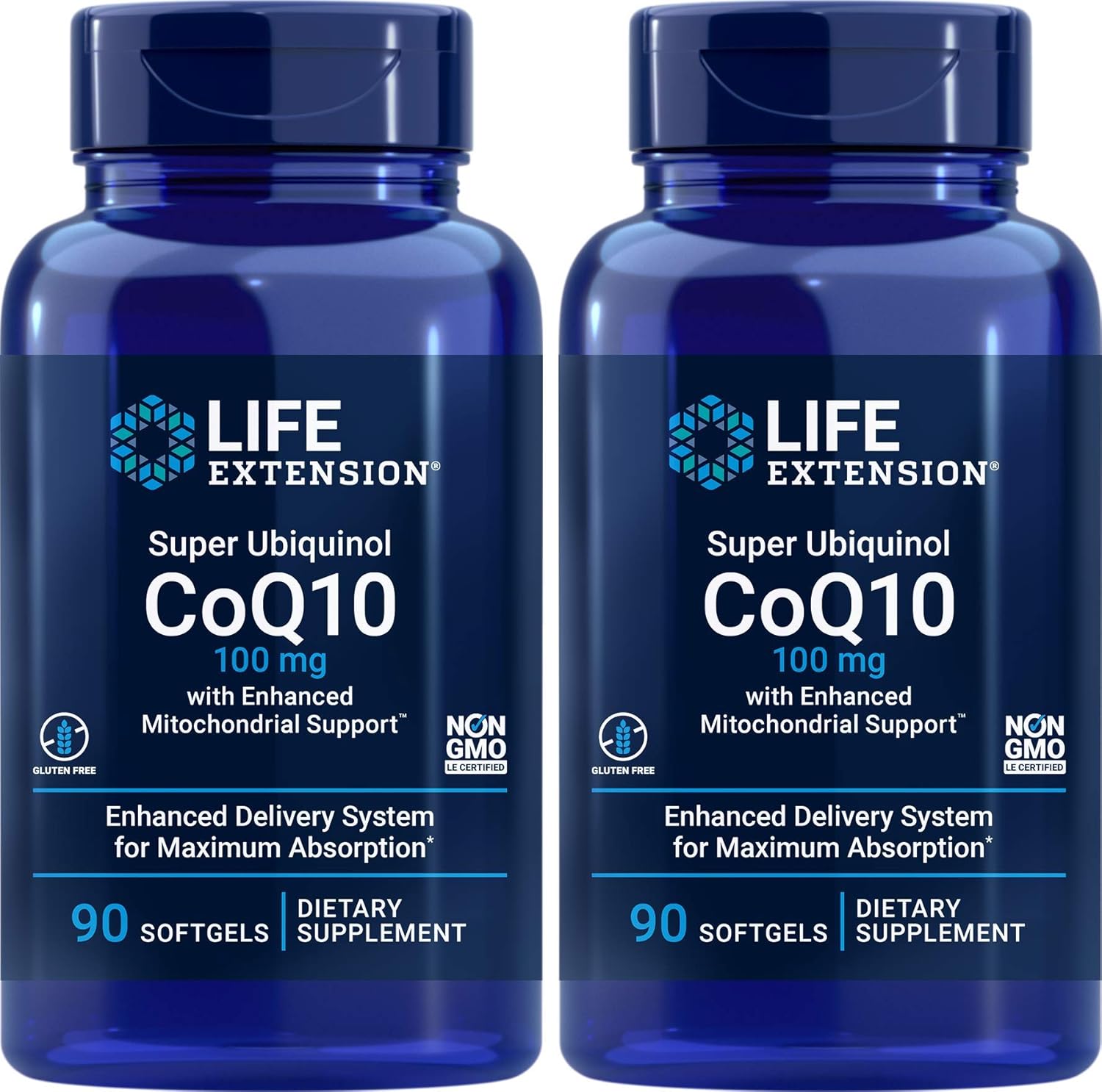 2 Pack Life Extension Super Ubiquinol COQ10 100mg for Enhanced Mitochondrial Support - 90 Count Each