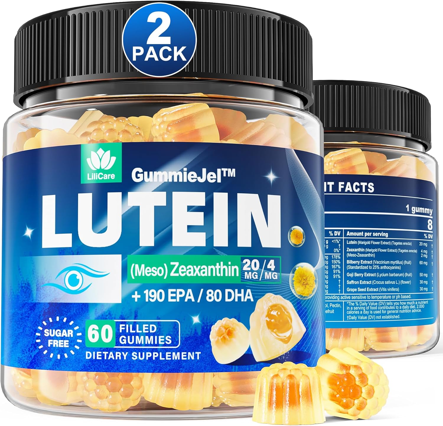 2-Pack LILICARE Sugar-Free Lutein and Zeaxanthin Gummies for Eye Health with EPA, DHA, and Antioxidants - Vegan Eye Vitamins for Adults
