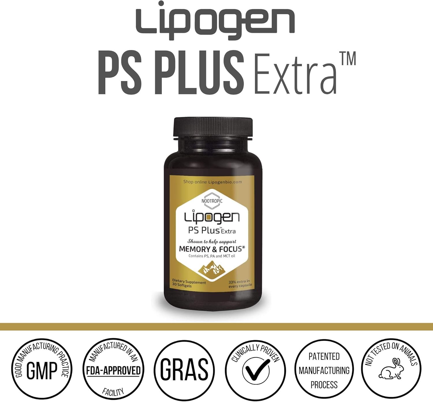 2 Pack Lipogen Brain Booster Supplement with 133mg Phosphatidylserine - Memory & Focus Support Softgels for Mental Energy & Brain Health