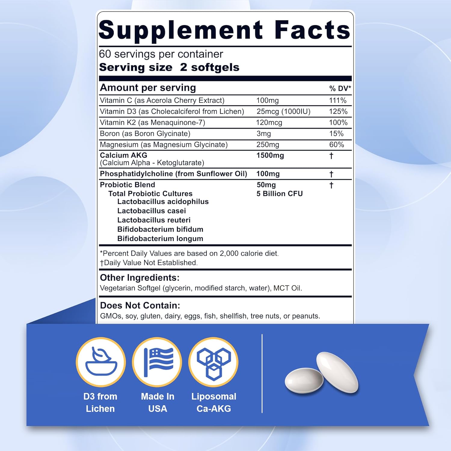 2 Pack Liposomal Calcium AKG Supplement with Vitamin D3 & K2 for Bone Strength - 240 Softgels