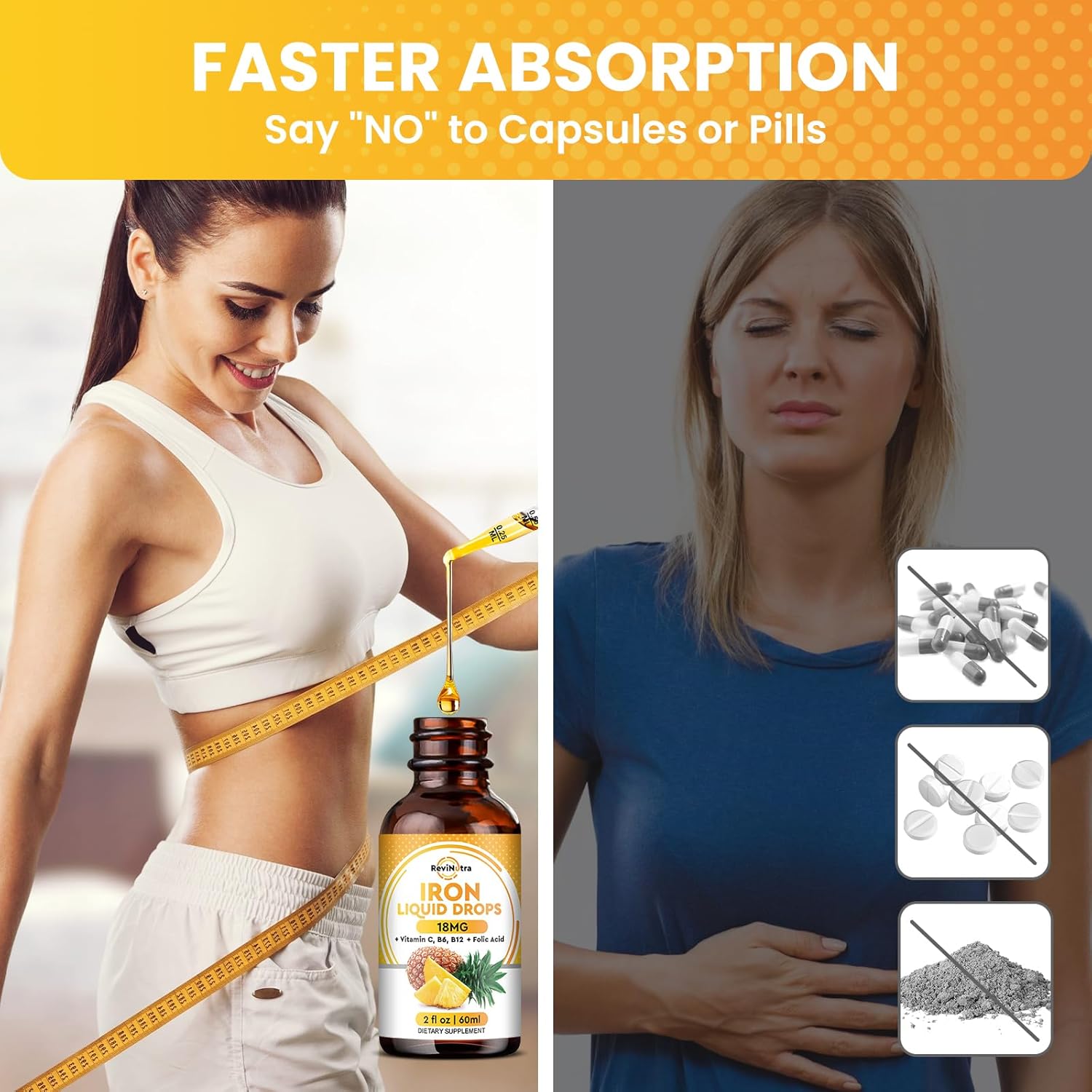 2 Pack Liquid Iron Supplement with Folate, Vitamin C, B6, B12 for Anemia & Energy Support - Pineapple Flavor, Women, Men & Kids