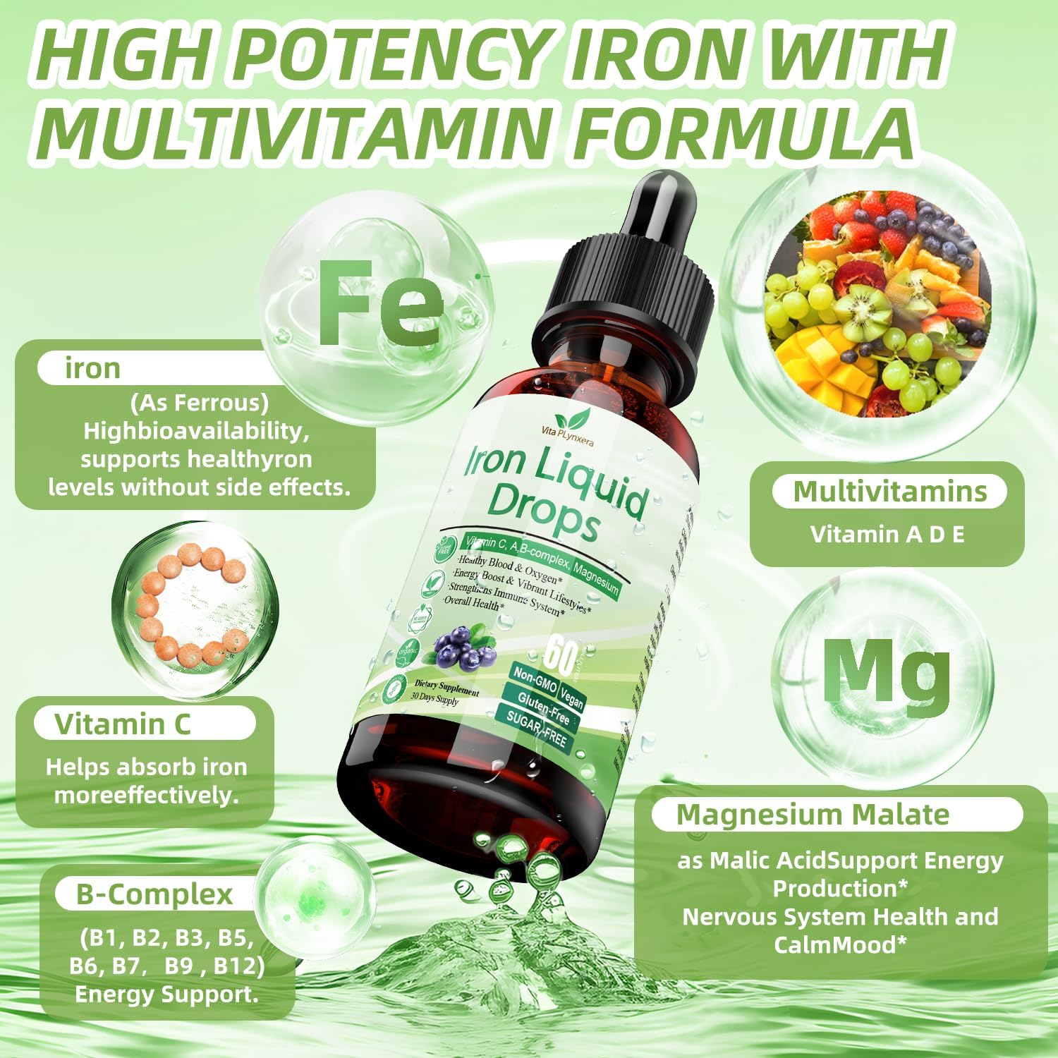 2 Pack Liquid Iron Supplement with Vitamin C, B12, B-Complex for Women, Men & Kids - Vegan Iron Drops for Anemia, Energy Support - High Potency Multivitamin with Magnesium Iron - Gentle Formula