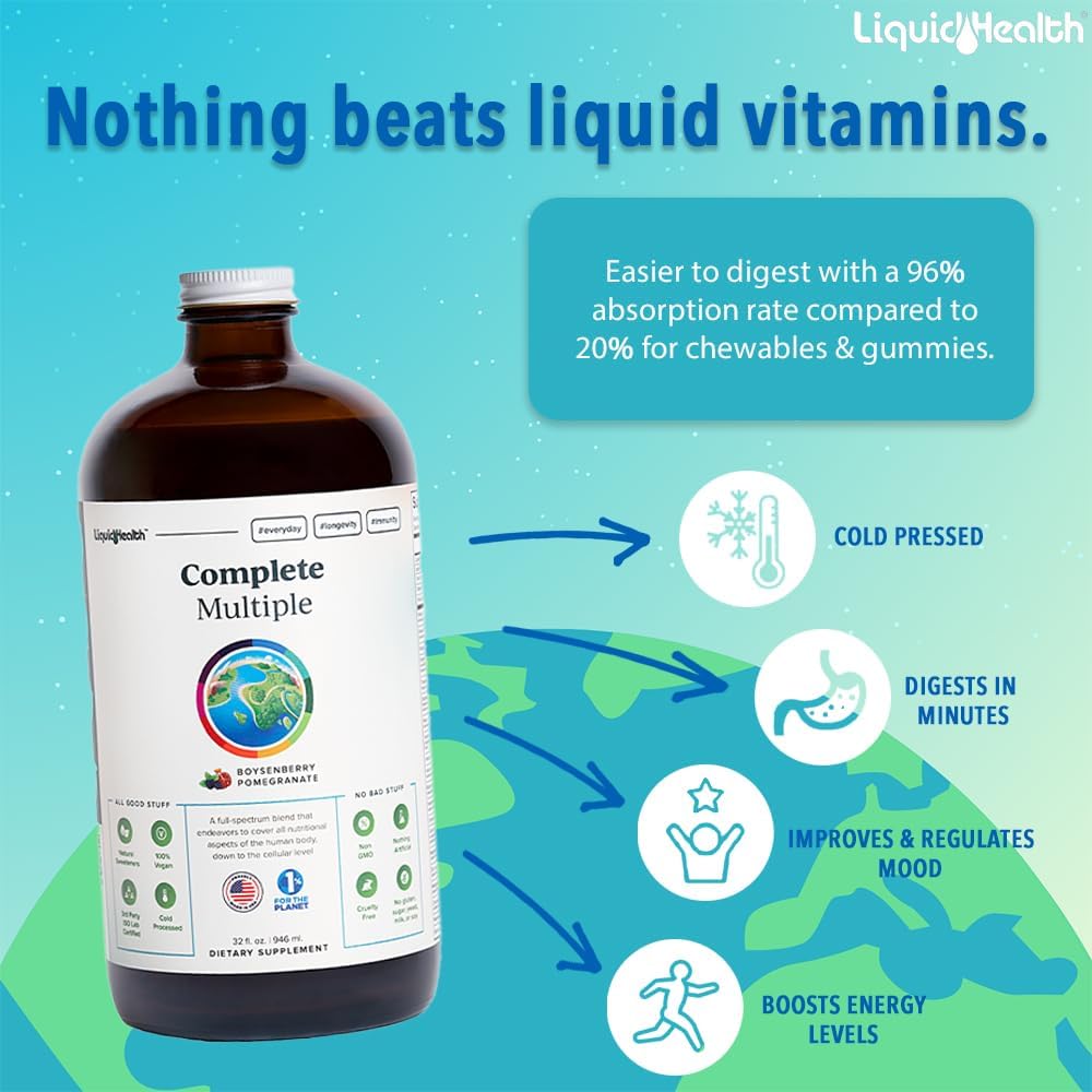 2-Pack LiquidHealth 32 Oz Liquid Multivitamin for Adults - Complete Multiple, Immune Support, Non-GMO, Vegan, Gluten Free, Sugar Free, Prebiotic Fiber Supplement