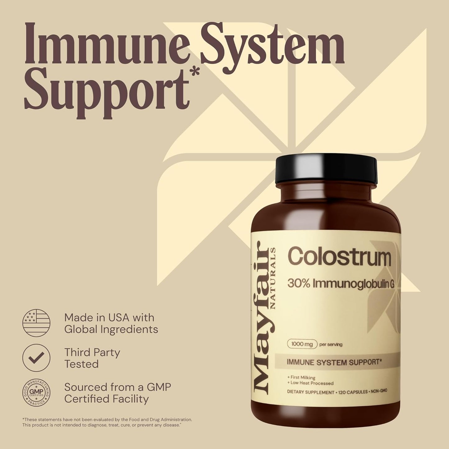 2 Pack Mayfair Naturals Bovine Colostrum Supplement 1000mg - 120 Capsules, 30% IgG - Immune System Support