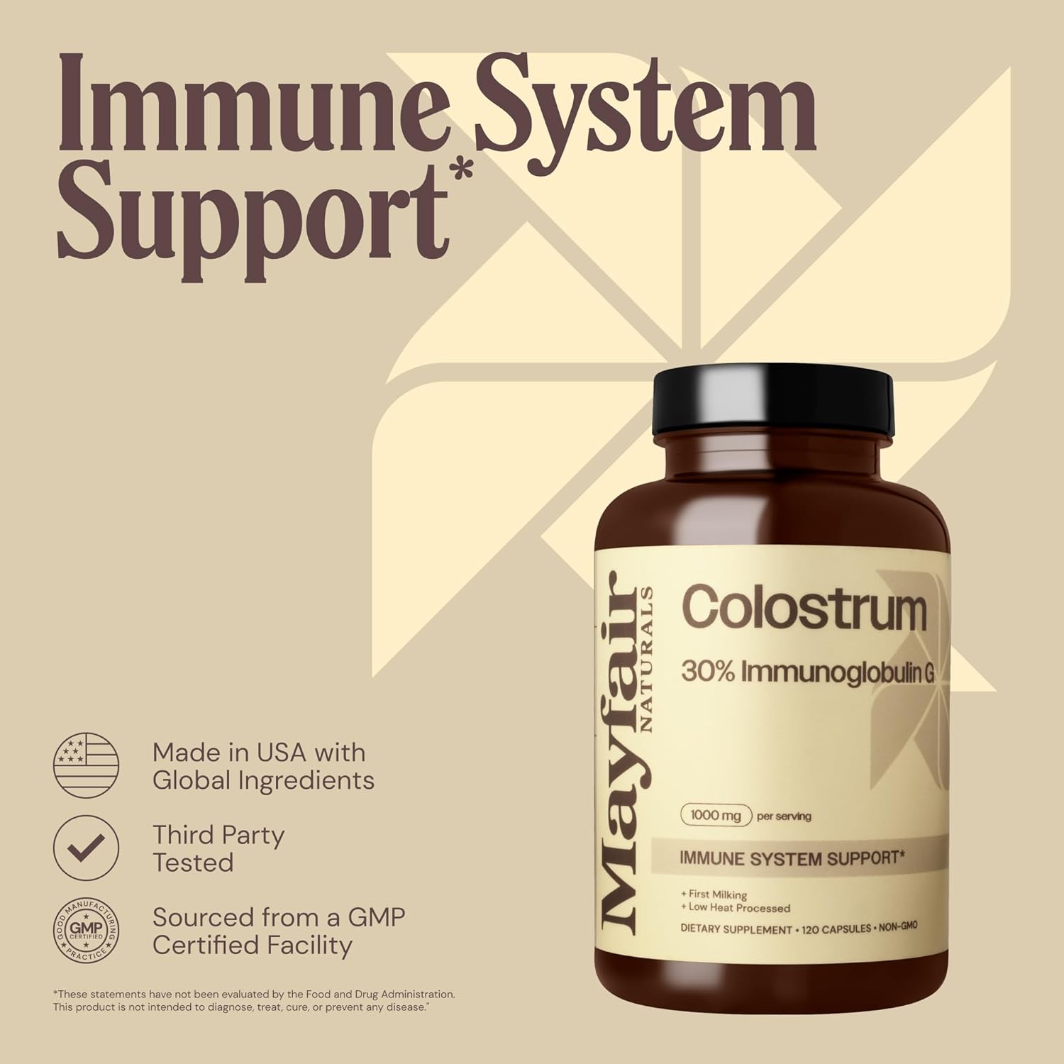 2 Pack Mayfair Naturals Bovine Colostrum Supplement 1000mg - 120 Capsules, 30% IgG - Immune System Support