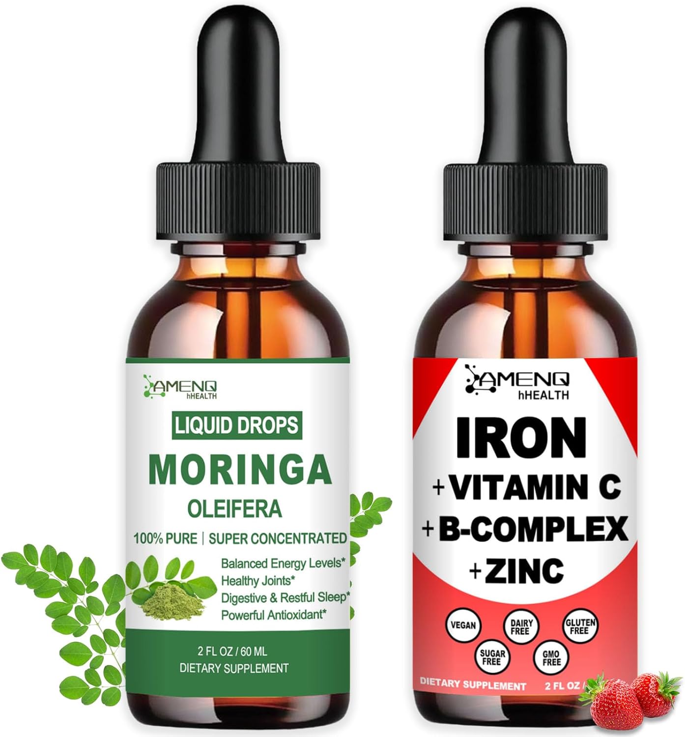 2 Pack Moringa Drops & Vegan Liquid Iron Supplement - Energy Booster, Antioxidant, Anemia Support - Gluten Free, Non GMO, Sugar Free