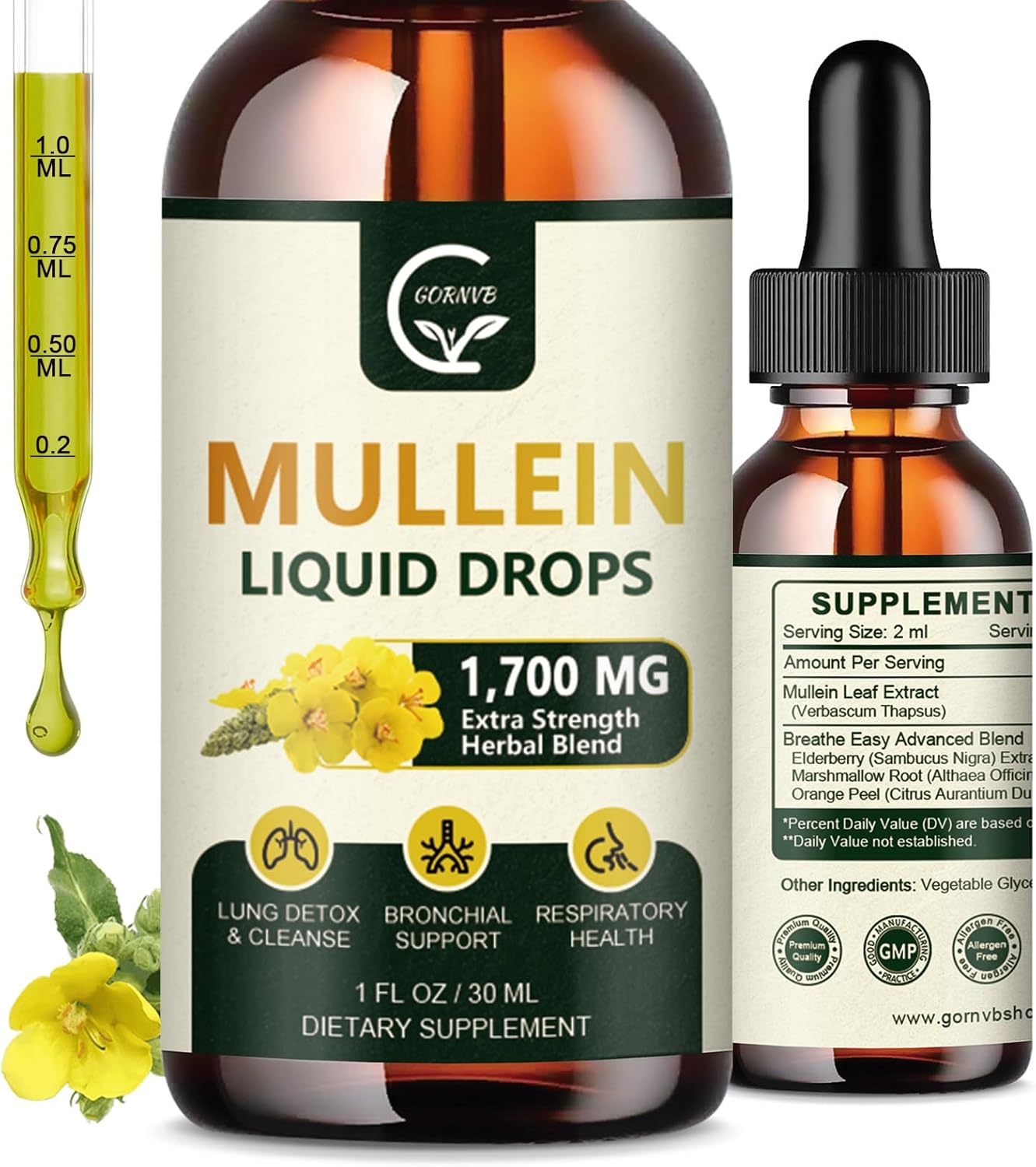 2 Pack Mullein Drops for Lungs - Respiratory Support with Elderberry, Marshmallow Root, and Orange Peel - Bronchial Health - 1 Fl Oz