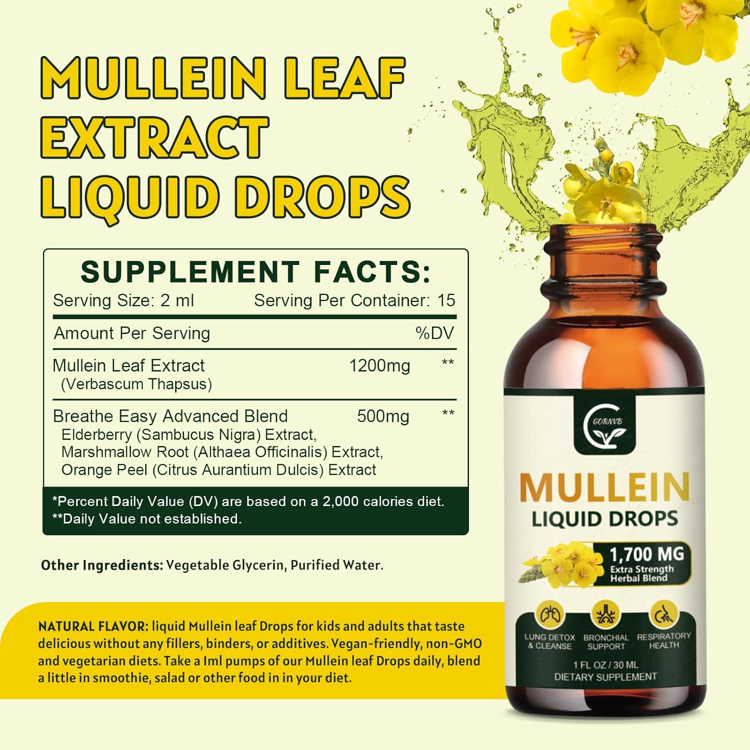 2 Pack Mullein Drops for Lungs - Respiratory Support with Elderberry, Marshmallow Root, and Orange Peel - Bronchial Health - 1 Fl Oz