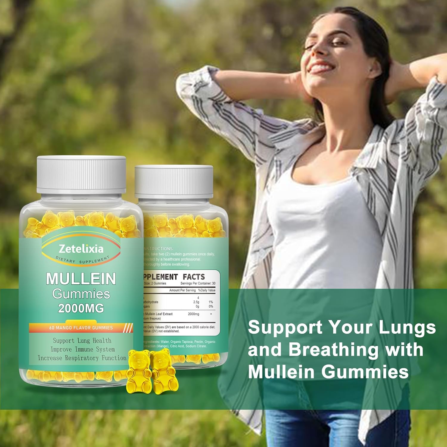 2 Pack Mullein Gummies for Lung Health - Mullein Leaf Extract, Lung Detox Cleanse, Immune Support Supplement, Mucus Relief - 120 Vegan Gummies