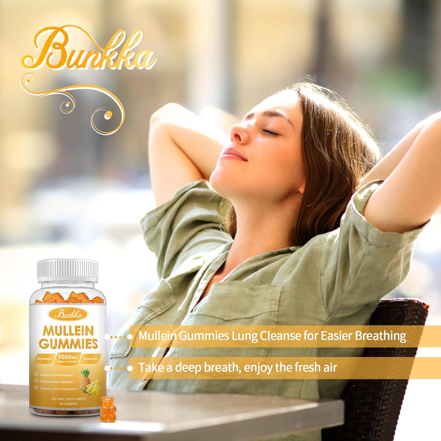 2 Pack Mullein Leaf Extract Chewable Gummies for Lung & Respiratory Support with Quercetin, Bromelain, and D3