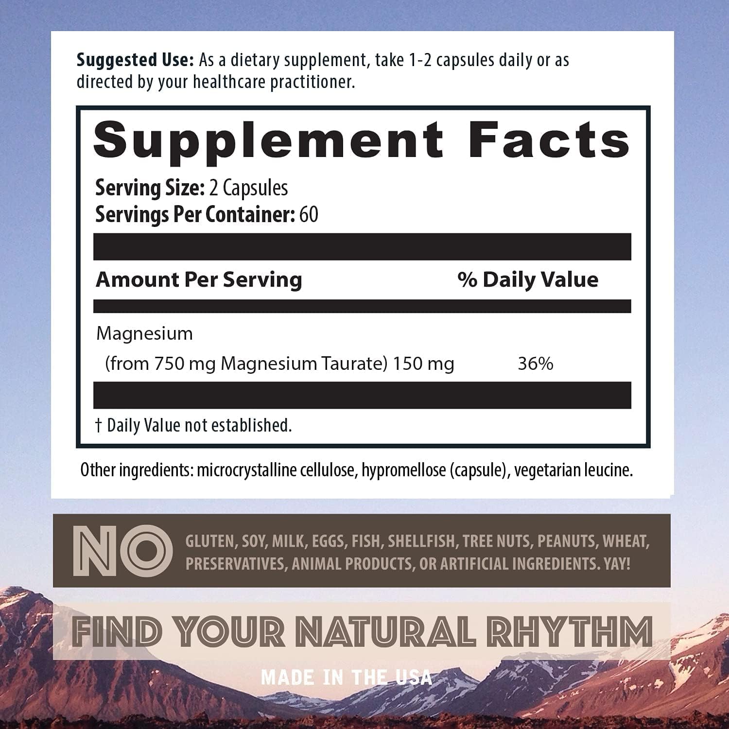 2-Pack Natural Rhythm Magnesium Taurate Capsules - High Absorption, 750mg (150mg Magnesium) - 120 Capsules/Bottle
