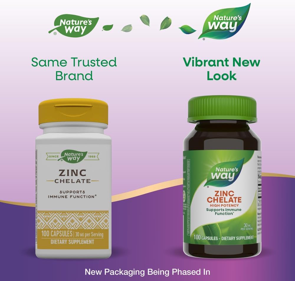 2 Pack Nature's Way Zinc Chelate 30mg Capsules - Support Immune Function - 100 Capsules per Bottle