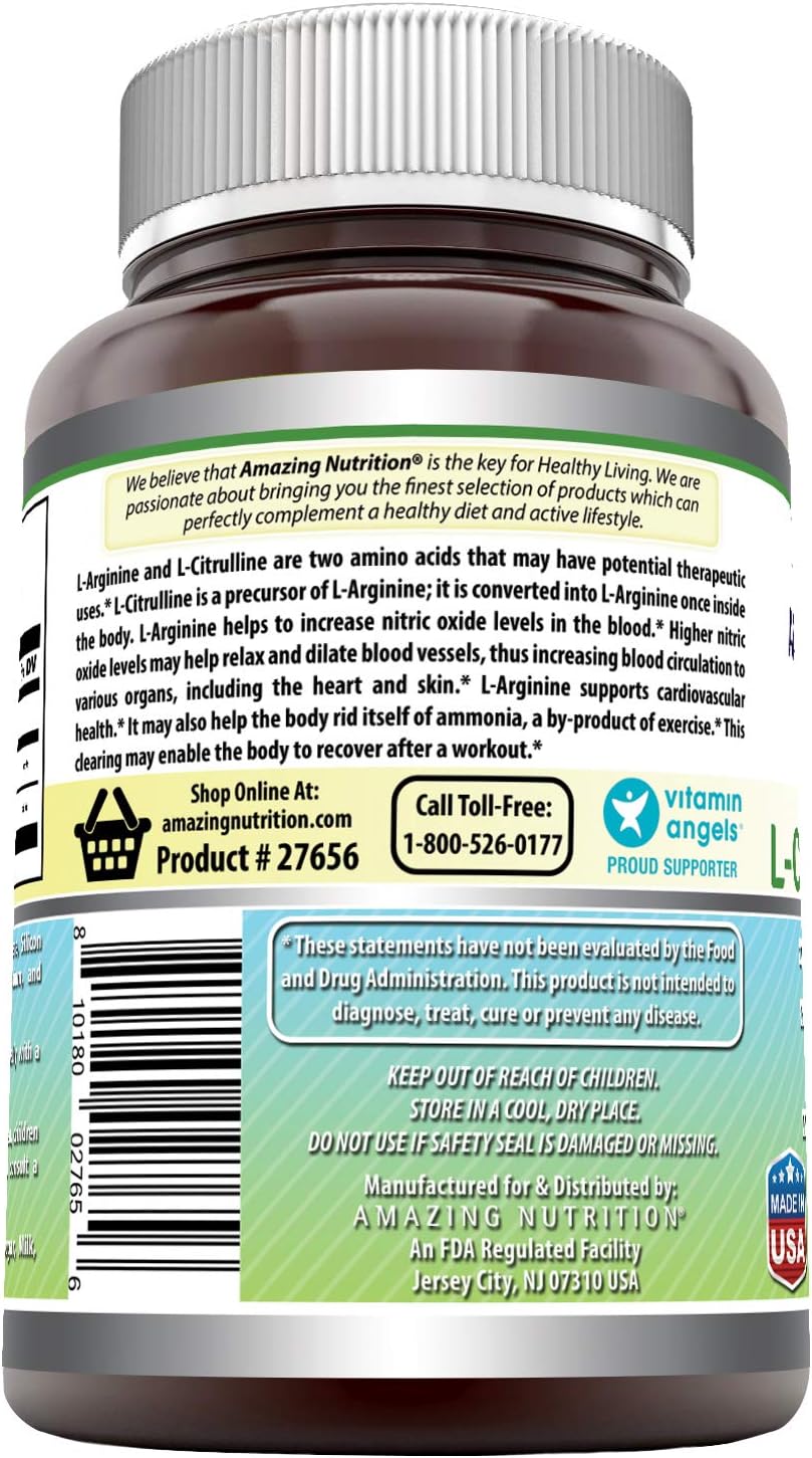2 Pack of Amazing Nutrition L-Arginine/L-Citrulline Complex 1000mg Tablets - Non-GMO & Gluten Free - Made in USA - 120 Count