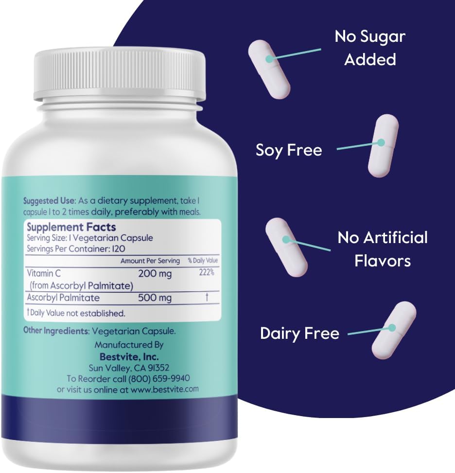 2-Pack of BESTVITE Ascorbyl Palmitate 500mg Vegetarian Capsules - Pure Formula with No Stearates, Fillers, or Flow Agents