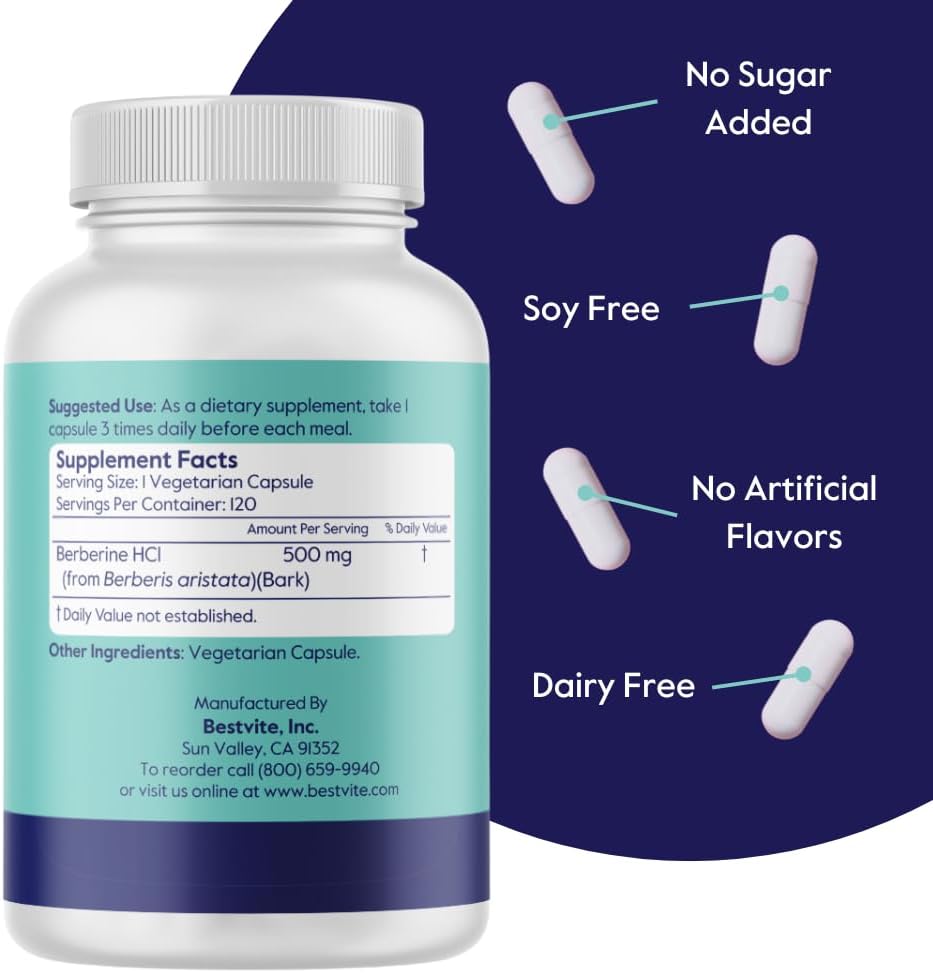 2-Pack of BESTVITE Berberine 500mg Vegetarian Capsules - Vegan, Gluten-Free, Non-GMO - No Fillers, Stearates, or Flow Agents