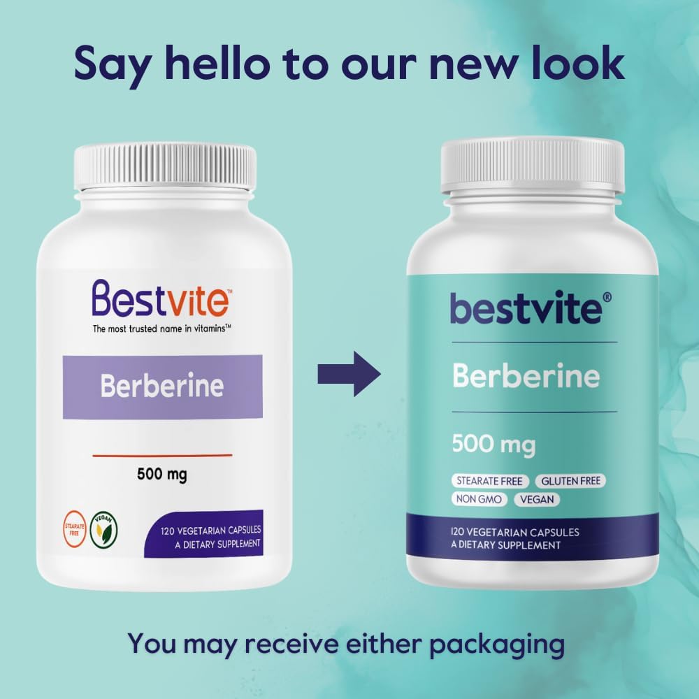 2-Pack of BESTVITE Berberine 500mg Vegetarian Capsules - Vegan, Gluten-Free, Non-GMO - No Fillers, Stearates, or Flow Agents