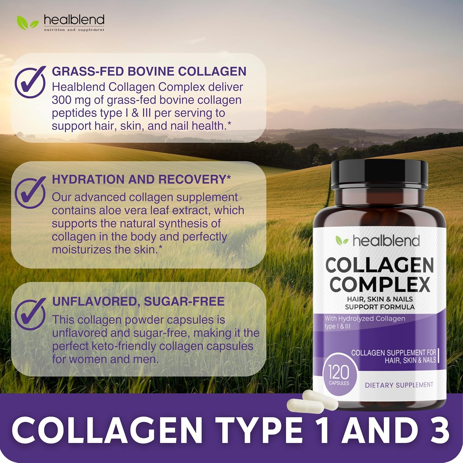 2 Pack of healblend Collagen Complex Capsules for Women and Men - Hydrolyzed Supplement for Anti-Aging, Healthy Joints, Skin, Hair, and Nails