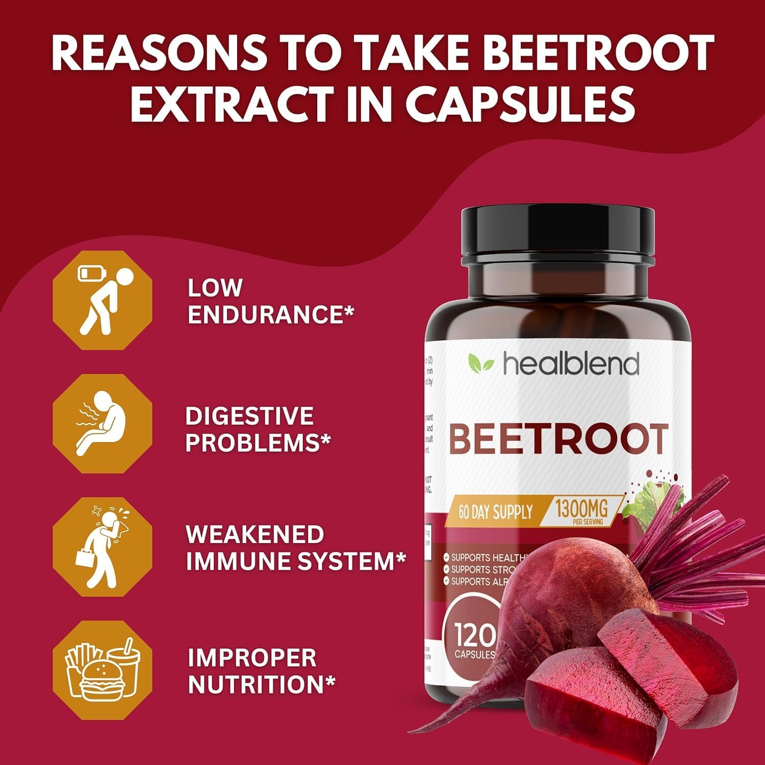 2 Pack of healblend Organic Nitric Oxide Beet Root Capsules 1300mg - Immune System Support & Booster - 240 Count