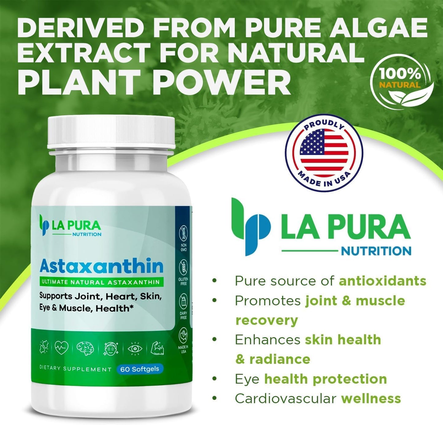 2 Pack of LaPura Ultimate Natural Astaxanthin 10mg Softgel Capsules - Pure Non-GMO Gluten-Free Antioxidant Supplement for Joints, Heart, Brain, Skin, Eyes & Muscles