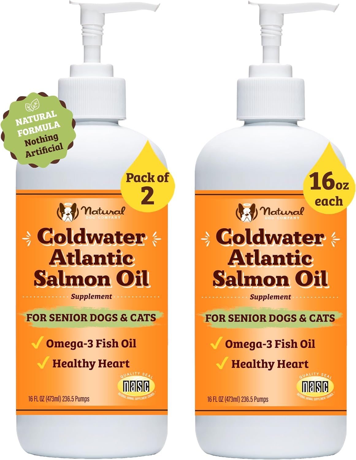 2 Pack of Natural Dog Company Coldwater Atlantic Salmon - 16oz - Omega 3 Fish Oil Supplement for Senior Dogs with Joint Support - Easy to Digest - Ideal for Large Breed and Multi Dog Families