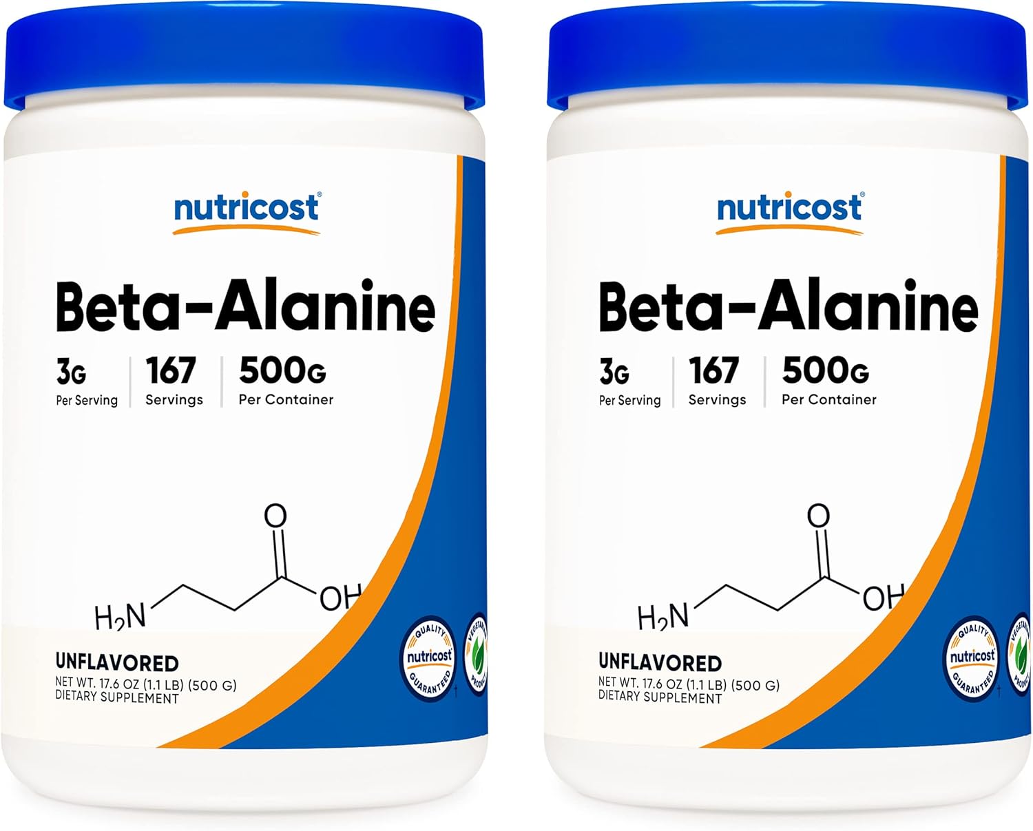 2 Pack of Nutricost Beta Alanine 500g Bottles (1 KG Total) - Pure Beta Alanine Supplement