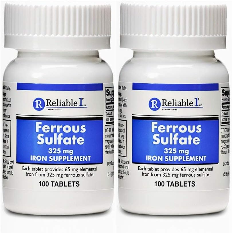 2-Pack of Reliable-1 Laboratories Ferrous Sulfate 325mg Iron Supplement - 100 Iron Tablets per Bottle