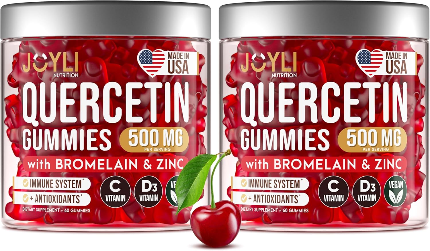 2 Pack of Sugar-Free JOYLI Quercetin Gummies with Bromelain, Zinc, Vitamin C & D3 - 500mg Immune Support Supplement for Kids & Adults - 60 Gummies per Pack