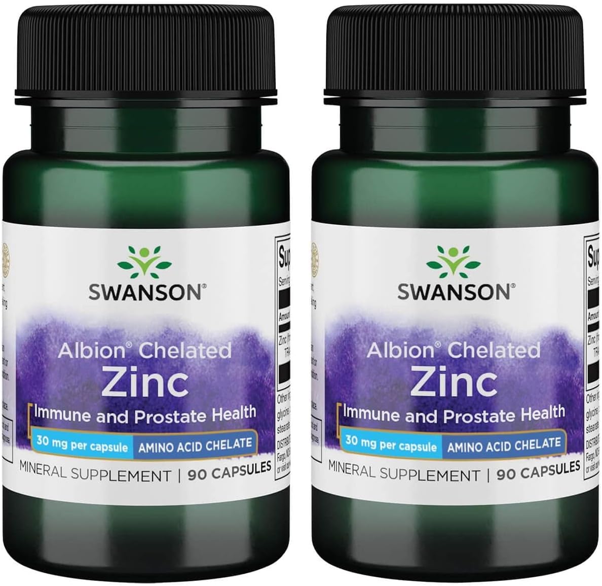 2-Pack of Swanson Albion Chelated Zinc Glycinate 30mg Capsules - 90 Capsules per Bottle