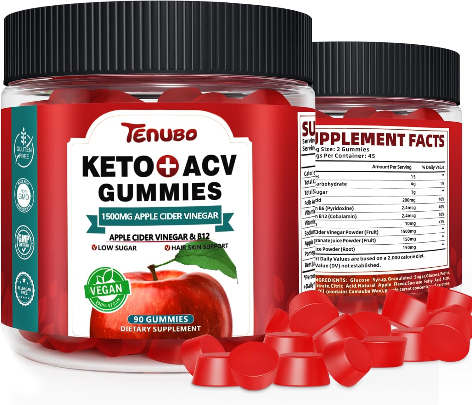 2 Pack of Tenubo 90 Count Keto Apple Cider Vinegar Gummies with 1500MG - 180 Count Keto ACV Gummies Supplement for Women and Men, Low Sugar & Gluten Free