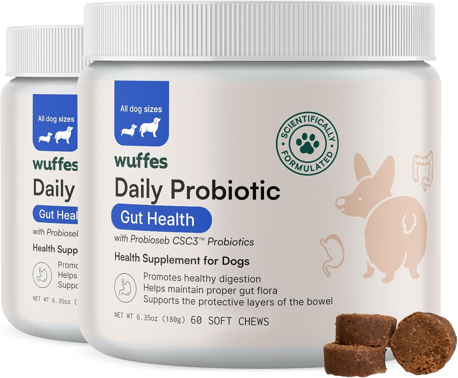 2 Pack of Wuffes Daily Probiotic Soft Chews for Dogs - Promotes Digestive Health, Gut Balance, and Immune Support - Includes Prebiotics, Marshmallow Root, and Pumpkin Powder - 120 Count