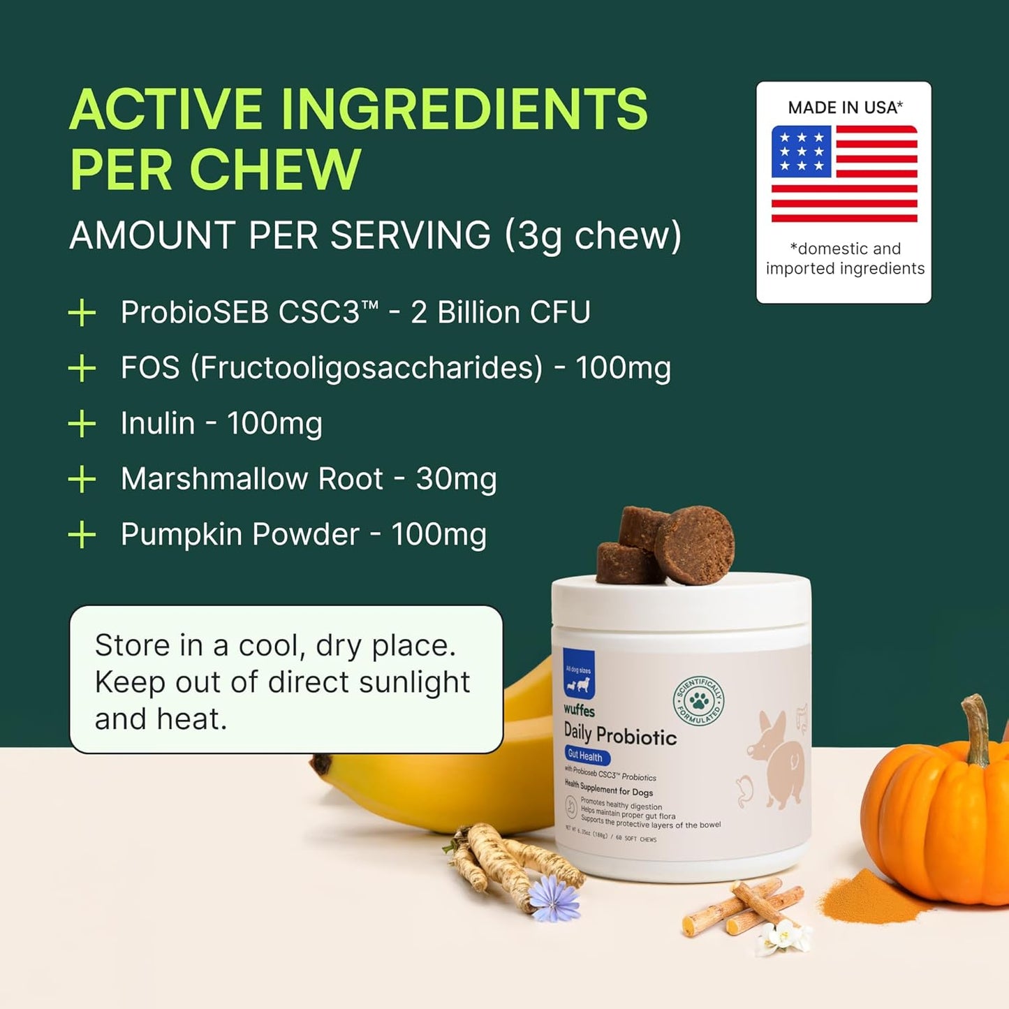 2 Pack of Wuffes Daily Probiotic Soft Chews for Dogs - Promotes Digestive Health, Gut Balance, and Immune Support - Includes Prebiotics, Marshmallow Root, and Pumpkin Powder - 120 Count