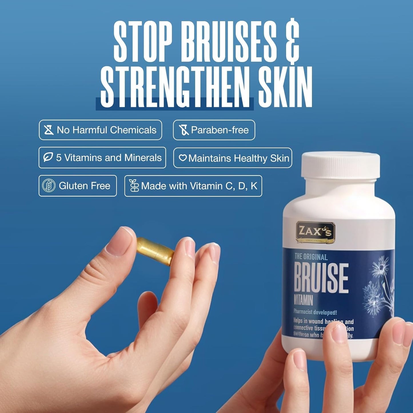 2 Pack of ZAX'S ORIGINAL Bruise Care Supplements - Pharmacist Developed Formula with Zinc, Vitamin K, D3, Ascorbic Acid, and Citrus Bioflavonoids - 60 Capsules