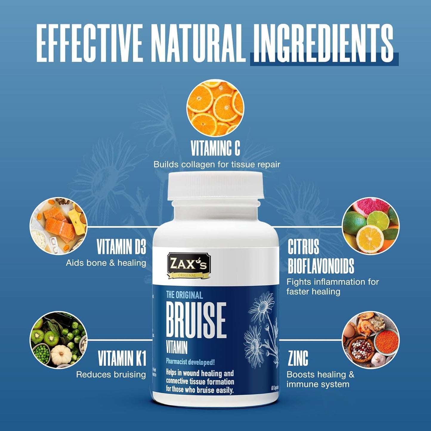 2 Pack of ZAX'S ORIGINAL Bruise Care Supplements - Pharmacist Developed Formula with Zinc, Vitamin K, D3, Ascorbic Acid, and Citrus Bioflavonoids - 60 Capsules