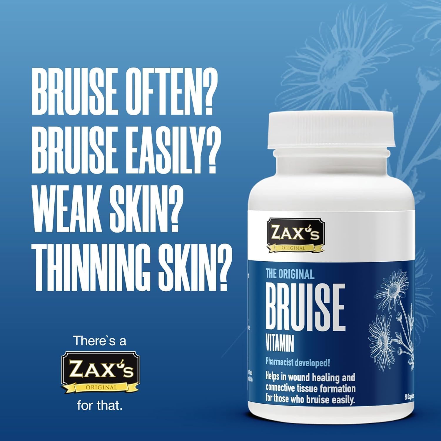 2 Pack of ZAX'S ORIGINAL Bruise Care Supplements - Pharmacist Developed Formula with Zinc, Vitamin K, D3, Ascorbic Acid, and Citrus Bioflavonoids - 60 Capsules