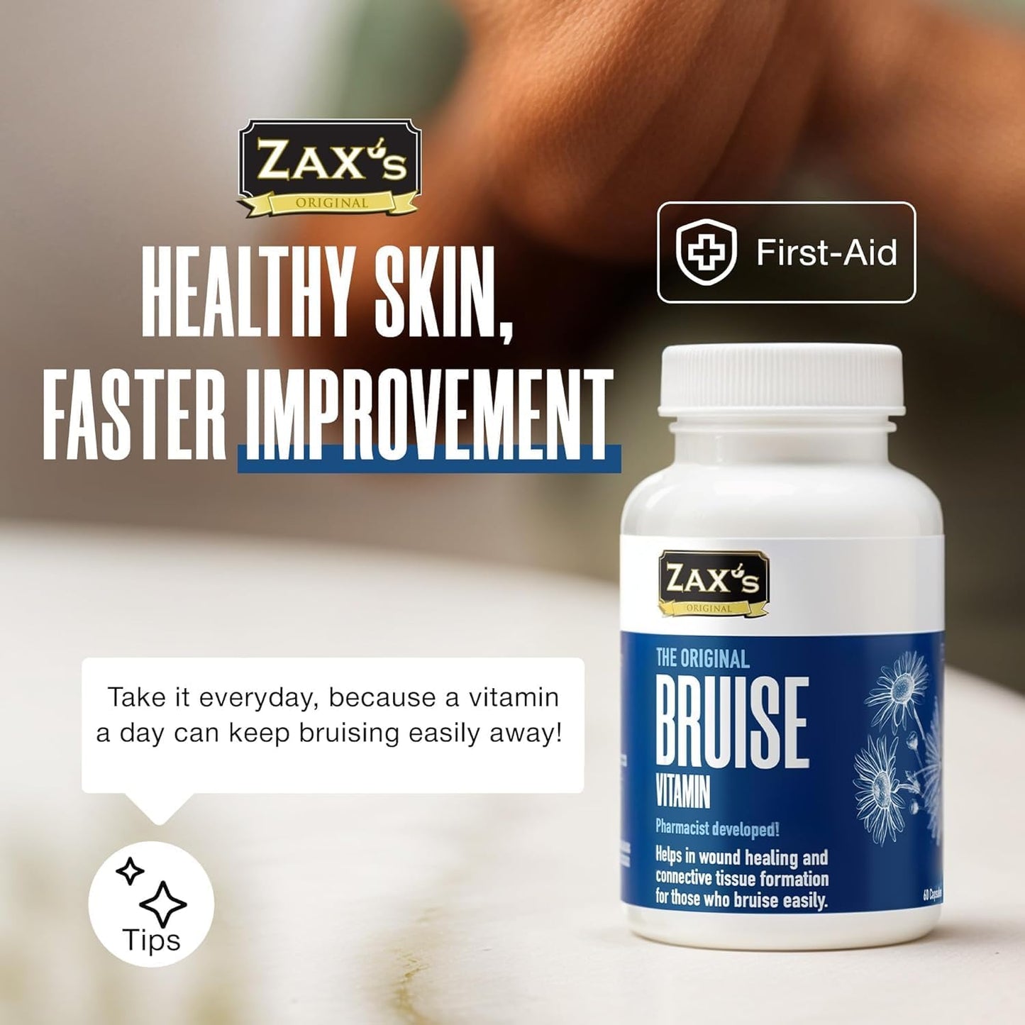 2 Pack of ZAX'S ORIGINAL Bruise Care Supplements - Pharmacist Developed Formula with Zinc, Vitamin K, D3, Ascorbic Acid, and Citrus Bioflavonoids - 60 Capsules