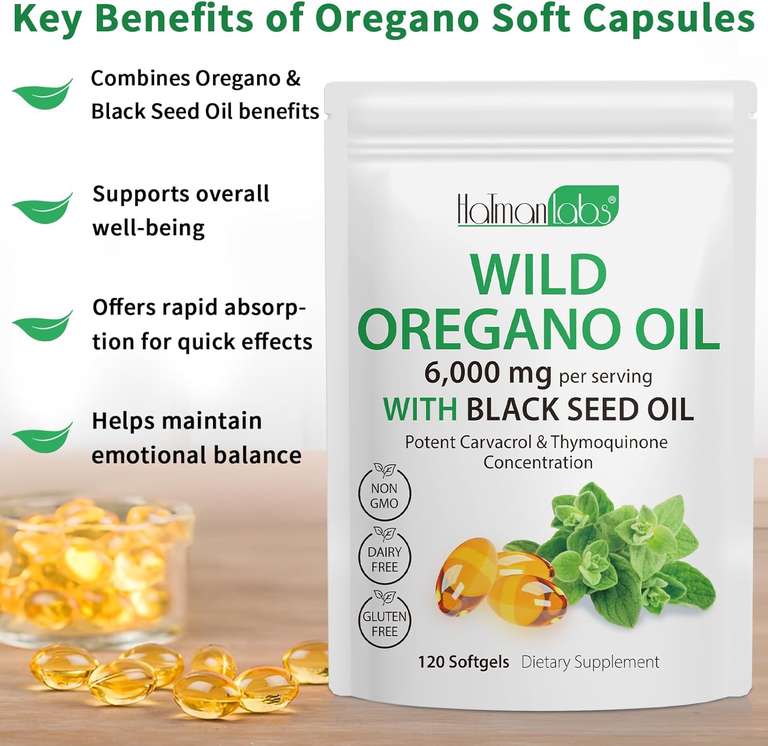 2 Pack Oil of Oregano Softgels with Black Seed Oil, High Carvacrol Content, 6000mg Total, Oregano Oil Supplement Capsules