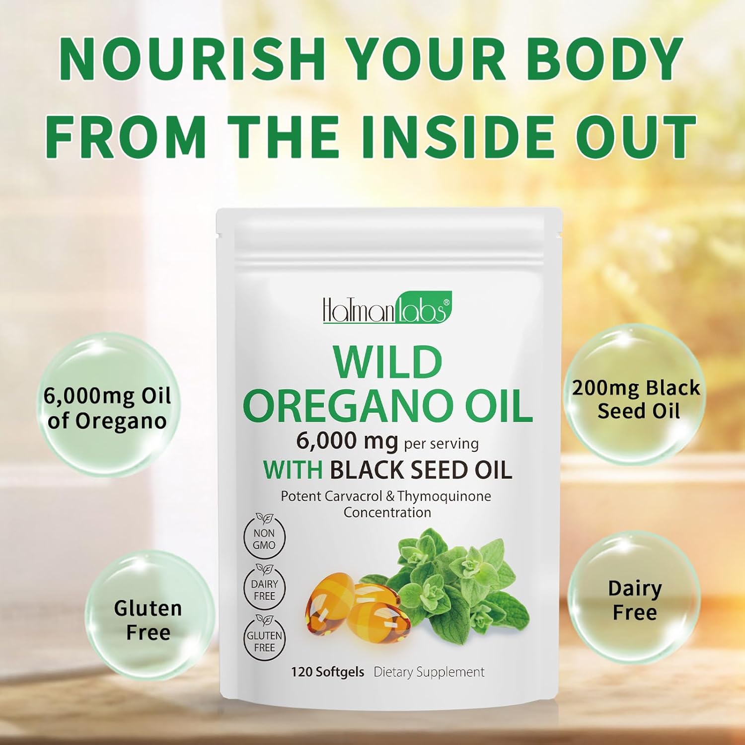 2 Pack Oil of Oregano Softgels with Black Seed Oil, High Carvacrol Content, 6000mg Total, Oregano Oil Supplement Capsules