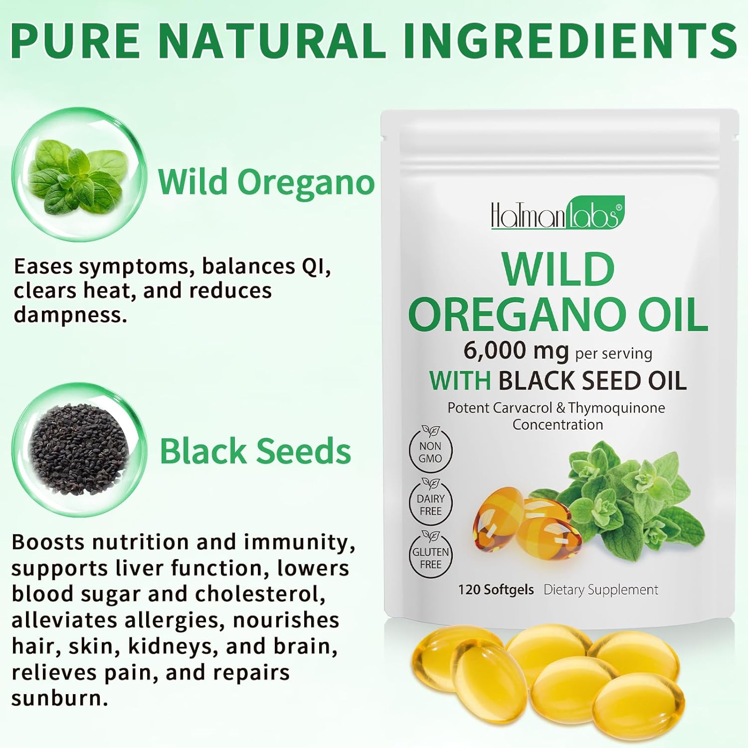 2 Pack Oil of Oregano Softgels with Black Seed Oil, High Carvacrol Content, 6000mg Total, Oregano Oil Supplement Capsules