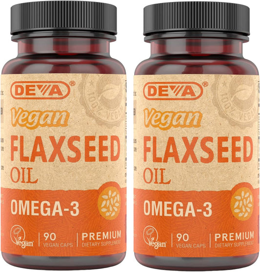 2-Pack Organic Vegan Flax Seed Oil Capsules - Cold-Pressed, Unrefined, Rich in Omega-3 - 90 Capsules